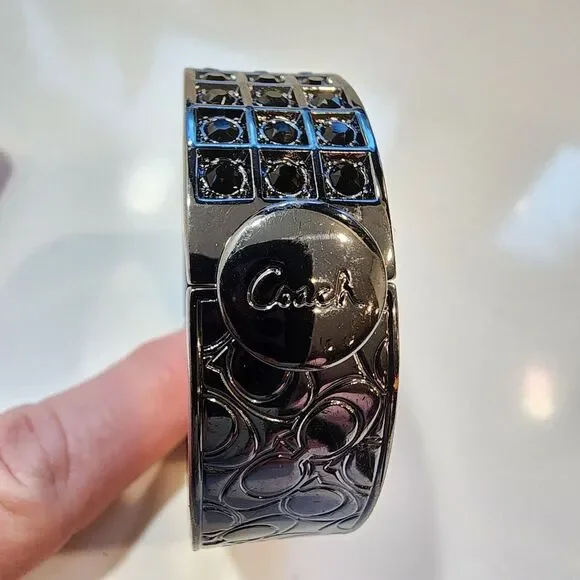 Coach Hinged Signature C and Black Crystal Bangle Bracelet - Picture 1 of 12
